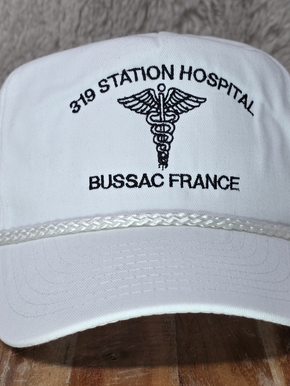 White Embroidered '319 Station Hospital Bussac France' Cap